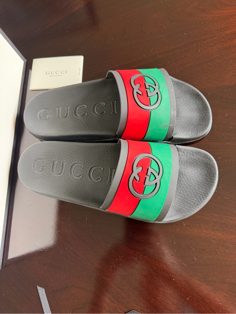 Gucci Black Slides with Red & Green Dot Accent